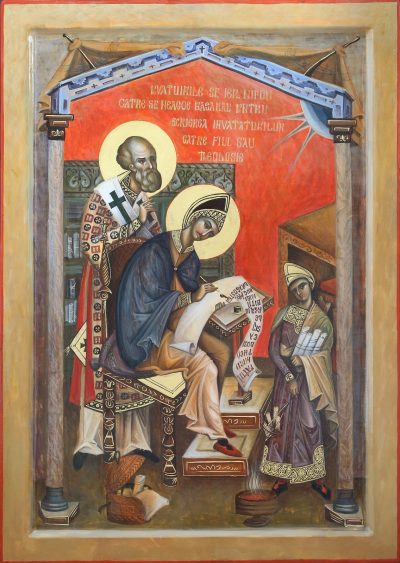 Povățuirile Sf. Ierarh Nifon către Sfântul Voievod Neagoe Basarab pentru scrierea Învățăturilor către fiul său Theodosie Vodă – compoziție icoană